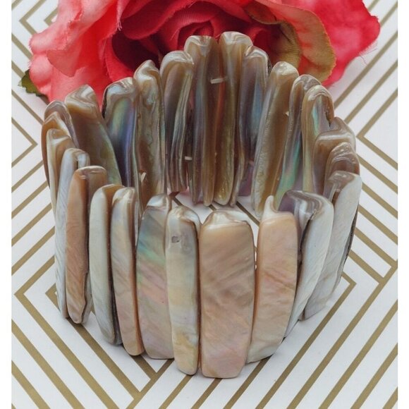 Bohemian White & Brown Neutral Abalone Shell Wide Stretch Bracelet Beach Nature - Picture 2 of 7